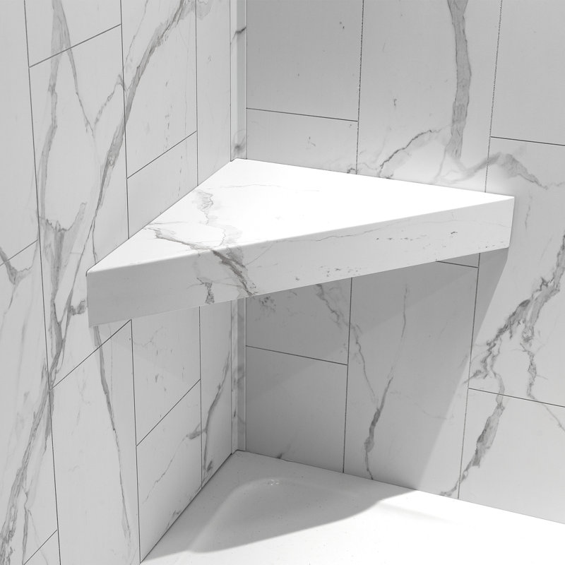 Palisade Vinyl Waterproof Corner Shower Bench in Carrara Marble/Urban Glacier, Carrara Marble/Urban Glacier