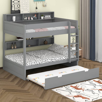 Lit superposé avec rangement et lit gigogne, structure de lit superposé en bois peu encombrante avec tablettes de chevet