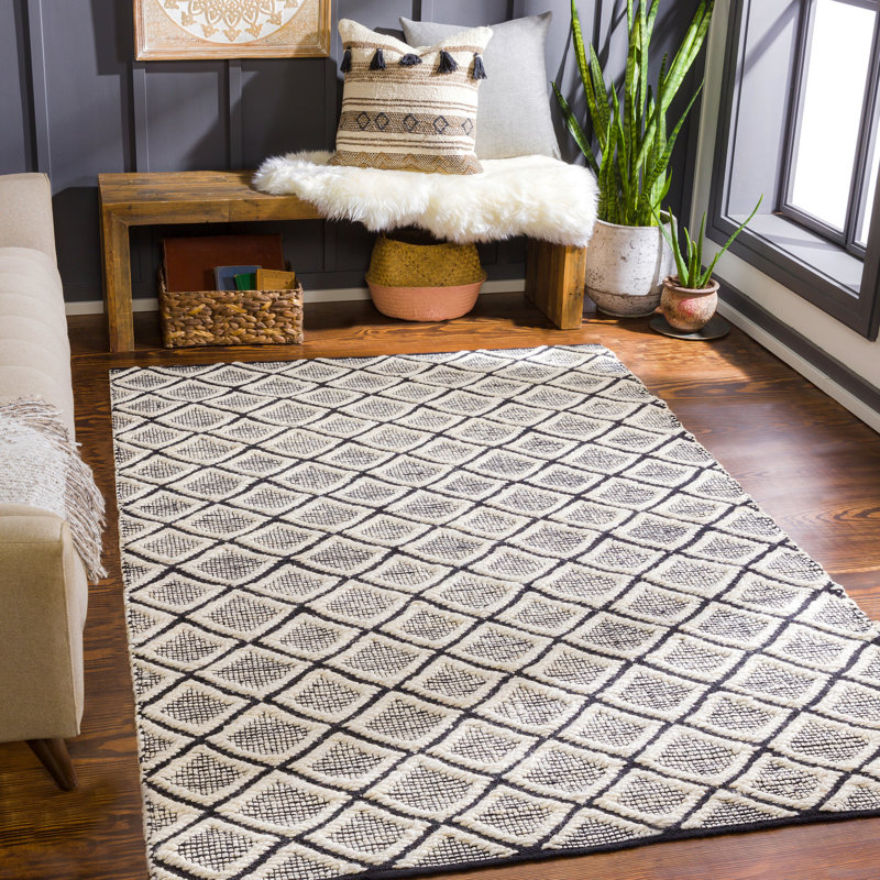 Colin Geometric Handwoven Wool Cream Area Rug, Rectangle 6' x 9'