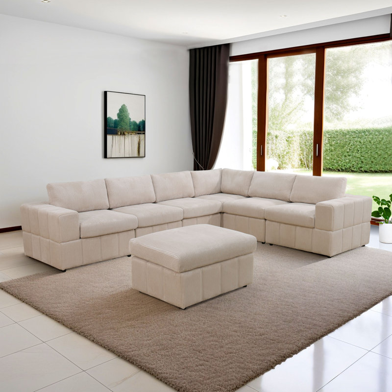 130" Wide 7- Piece Premium Corduroy Reversible Modular Living Room Sectional Sofa With Ottoman, Beige Corduroy