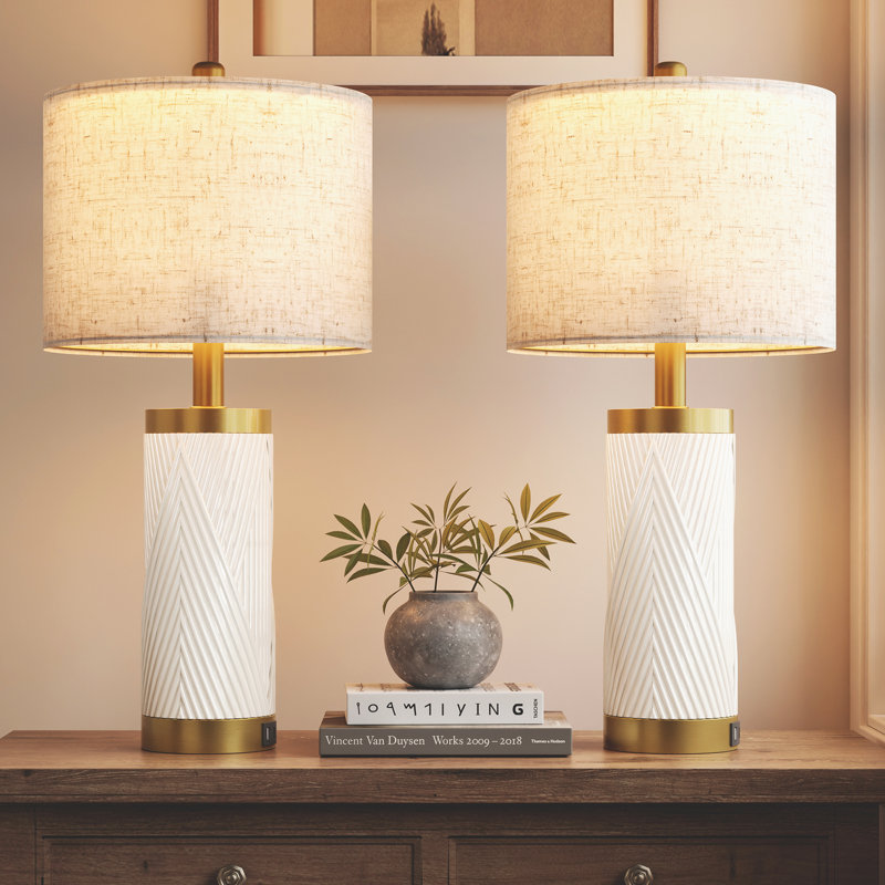 24.5" White Ceramic Table Lamp, Modern Bedside Nightstand Lamp Set for Living Room, USB Ports (Set of 2), White, White