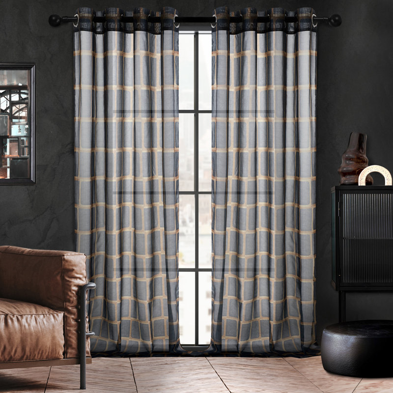Light Filtering Sheer Grommet Curtains with Plaid Pattern (Set of 2), 52" W x 84" L, Brown