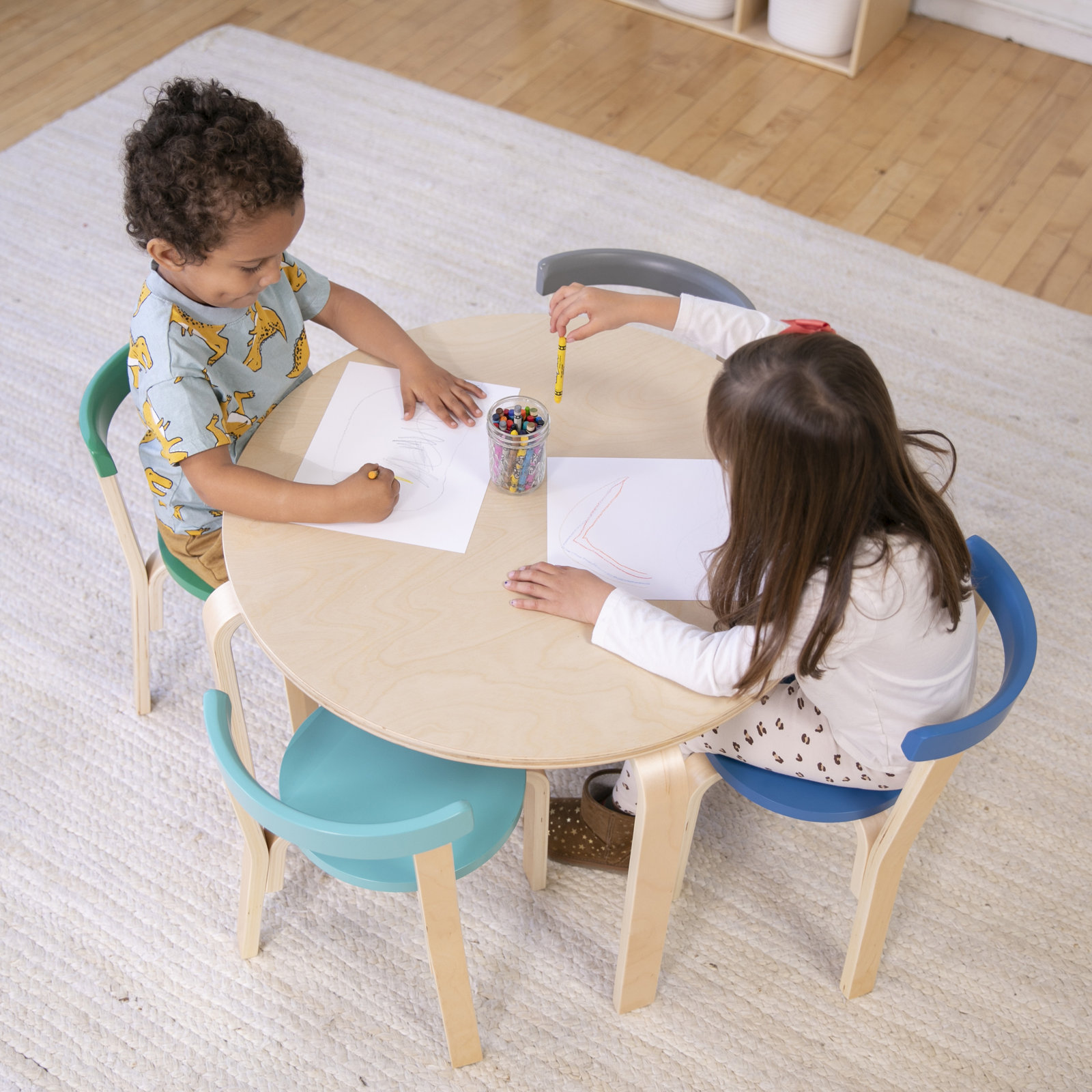 ECR4Kids Bentwood Round Table and Curved Back Chair Set, Kids Furniture, 5-Piece, Contemporary