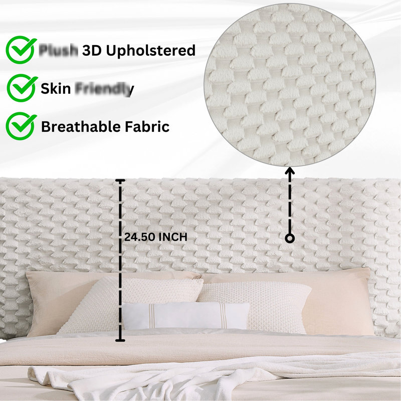 Lit plateforme simple tapissier en 3D blanc avec panneaux de tissu respirant, matériau de tête de lit de style moderne, décor contemporain