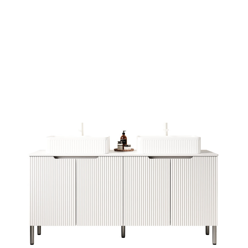 60" Bathroom Vanity, Modern, Freestanding, French Striped Basins, White Ceramic Counter, 4 Doors, Soft Close System, Large Storage, High - Quality Cabinet Freestanding Vanity With 2 Rectangular