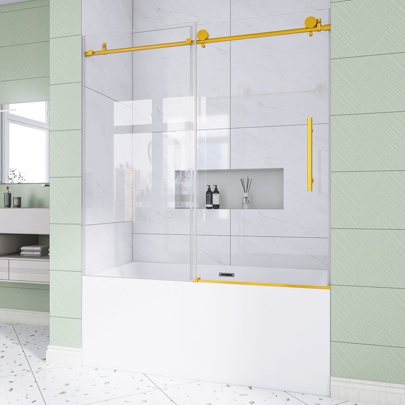 56-60 In. W × 60 In. H Frameless Shower  With 1/4" Tempered Glass In Brushed Gold |  Explosion Proof Film |   Stainless Steel Handle