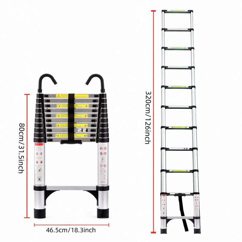 Échelle rétractable 10,5 pi (environ 3,2 m), échelle pliable multifonctionnelle, avec crochet, échelle rétractable en aluminium, convient pour une utilisation quotidienne dans un véhicule récréatif, un grenier, une maison, 330 livres