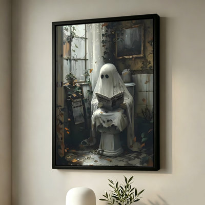 Fantôme d'Halloween lisant un journal sur les toilettes, tableau encadré sur toile, cadre blanc, 61 x 91 cm