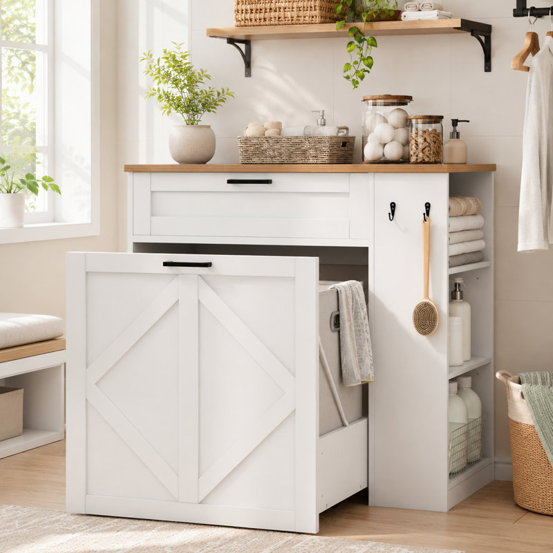 Armoire à linge coulissante avec 2 paniers de 42 litres, tablettes réglables, crochets et tiroir, White/Brown