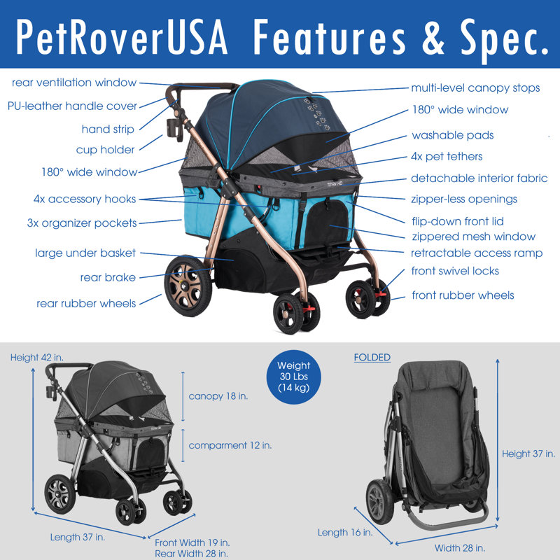 Poussette standard pliable Pet Rover Titan HD, Bleu