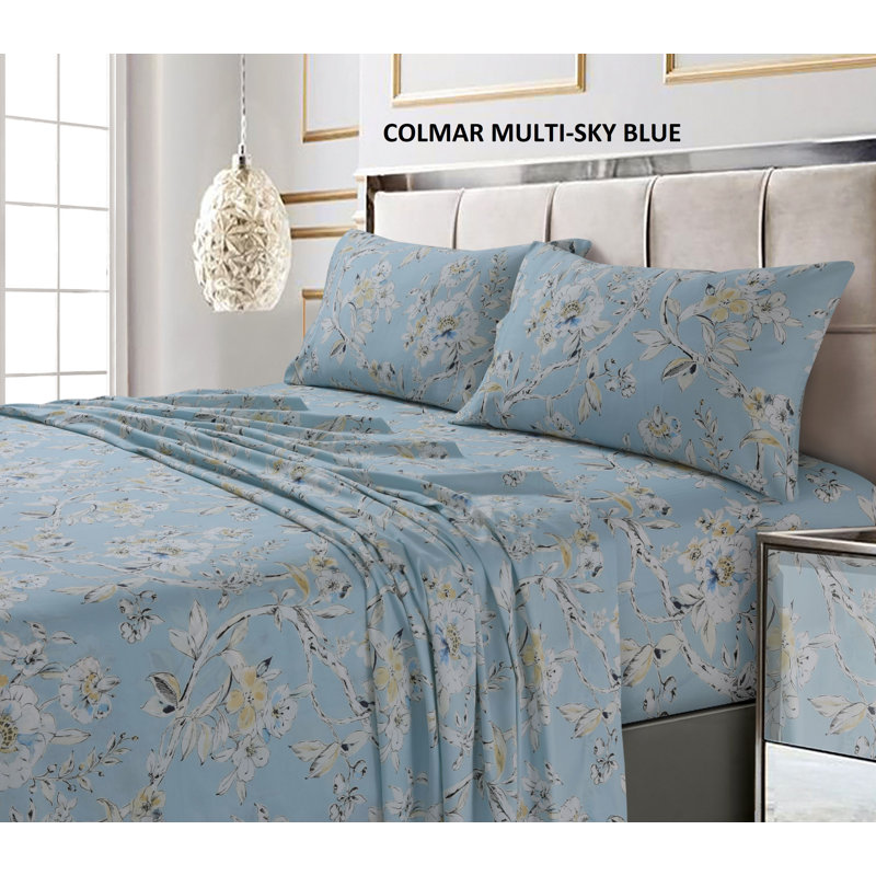 Sky Blue Floral Cotton Twin Sheet Set with Deep Pockets