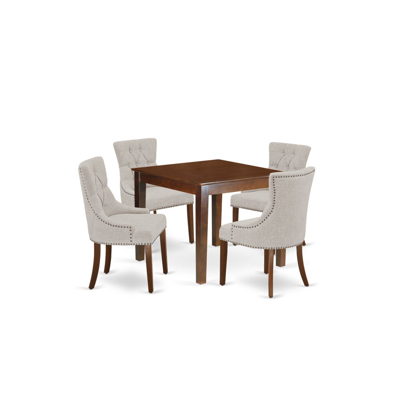 5 Piece Kitchen Table Set for 4 Includes a Square Dining Room Table and 4 Doeskin Linen Fabric Upholstered Parson Chairs, Mahogany