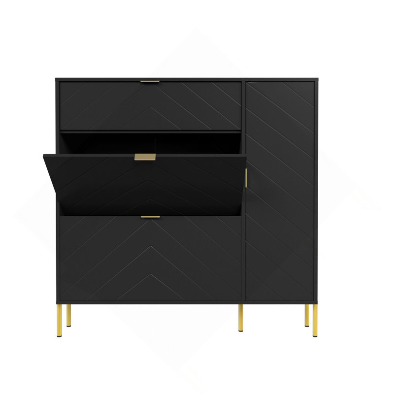 MDF Shoe Storage Cabinet With Flip-Up Drawers And Shelves, Black