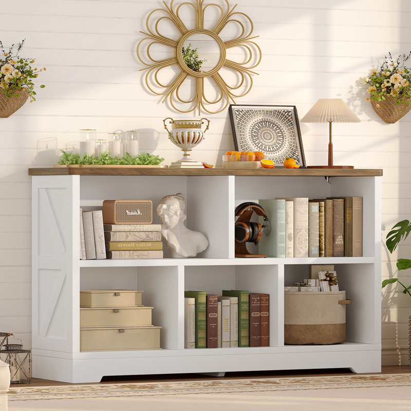 5 Cube Bookshelf, 2 Tier Low Storage Organizer Book Shelf, Freestanding Open Bookcase For Home Office, Living Room And Bedroom, White & Natural