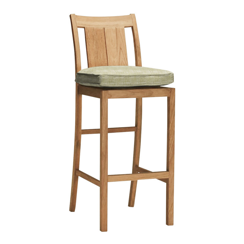 Croquet 24.5" Patio Bar Stool with Cushion, Welt, Natural Teak, Indigo Velvet