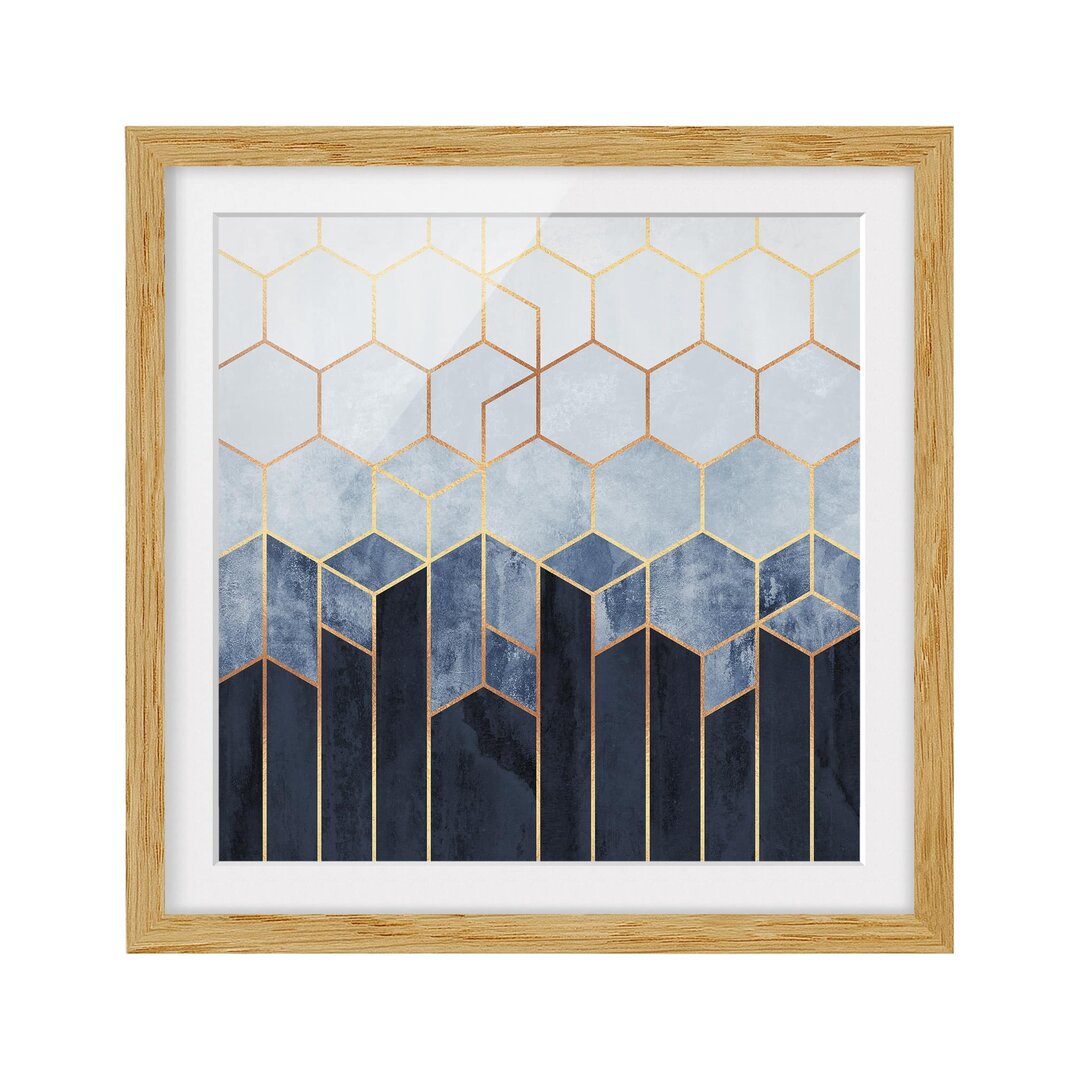 Gerahmtes Poster Golden Hexagons Blue White