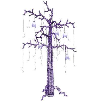 Arbre d'Halloween noir lumineux de 2,4 m avec fantôme, arbre géant effrayant à 355 DEL, décorations d'Halloween extérieures lumineuses violettes, arbre en rotin noir en PVC pour l'extérieur, porche, pelouse, allée, cour, fête