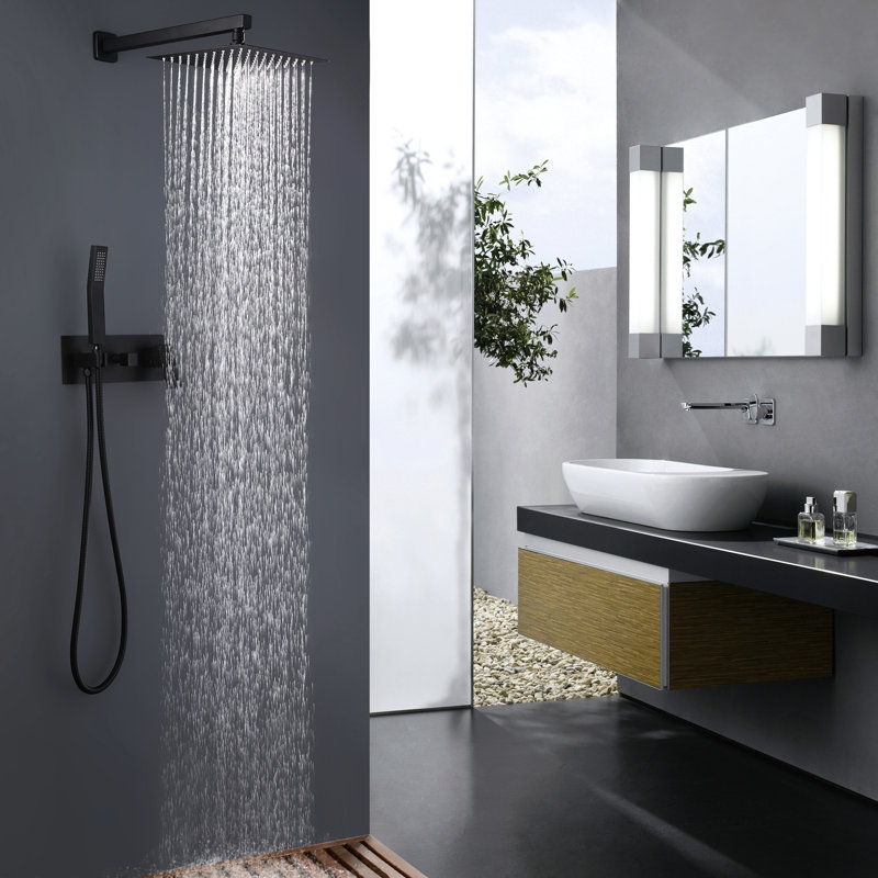 Système de douche noir mat - Salle de bain à tête de pluie de 12 po. Luxe mural. Le corps en laiton maintient l'eau propre. Alimentation en eau chaude et froide avec 1 poignée. 2 têtes, valve à disque en céramique. Bras de 15,75 po, système de boyau de 59 po.