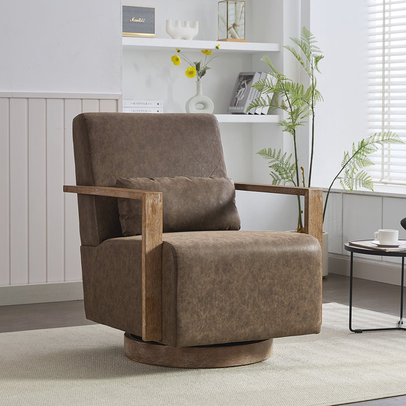 Chaise d'appoint pivotante moderne rembourrée avec accoudoirs en bois massif, Similicuir café
