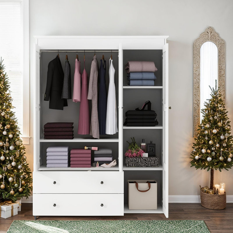 Classic White 3-Door Wardrobe Closet with 5 Shelves