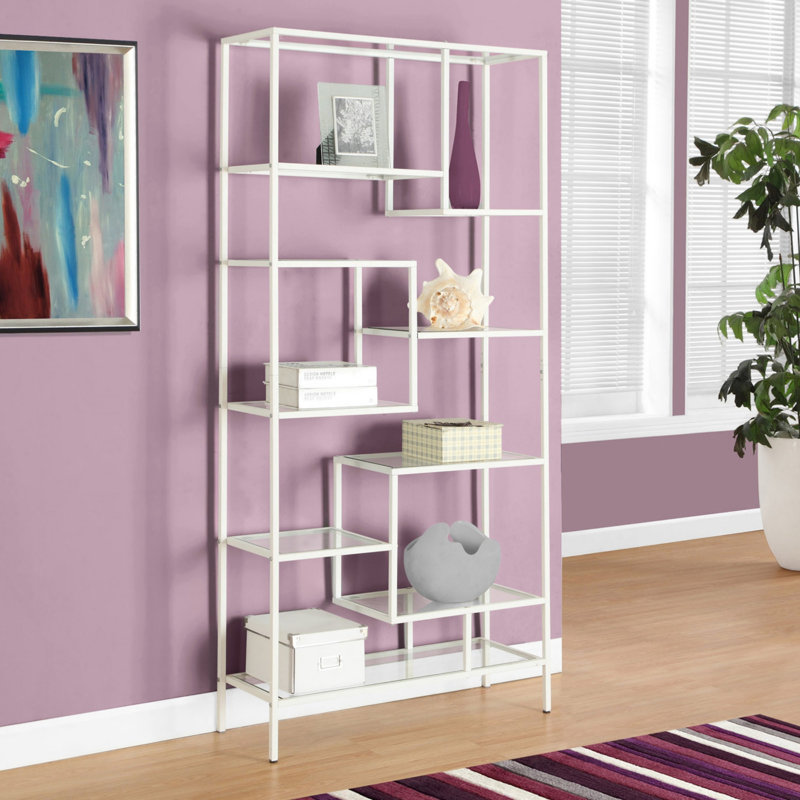 Bookshelf, Bookcase, Etagere, 72"H, Office, Bedroom, Clear Tempered Glass, Metal, Contemporary, Modern, White