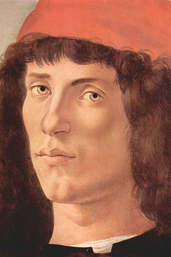 "portrait d’un jeune man avec embout rouge" par sandro botticelli, reproduction d’art, H 36 po x l 24 po