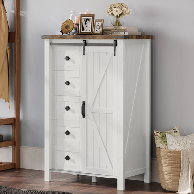 Commode haute de style ferme Chiara Despres 80 cm (31,5 po) à 5 tiroirs avec portes coulissantes de style grange, blanche