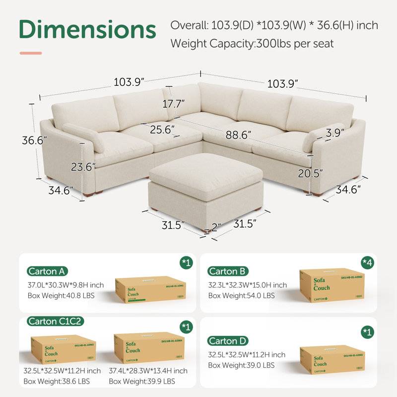 Abramson L-Shaped Corner Sectional Modular Reversible Sofa Cloud Couch, White Chenille