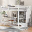 Lit mezzanine double avec bureau en L et tiroirs, armoire et escalier de rangement