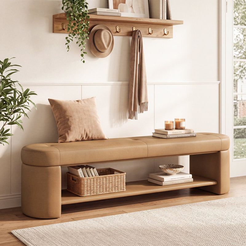 Banc d'entrée rembourré en similicuir de 160 cm avec tablette de rangement ouverte