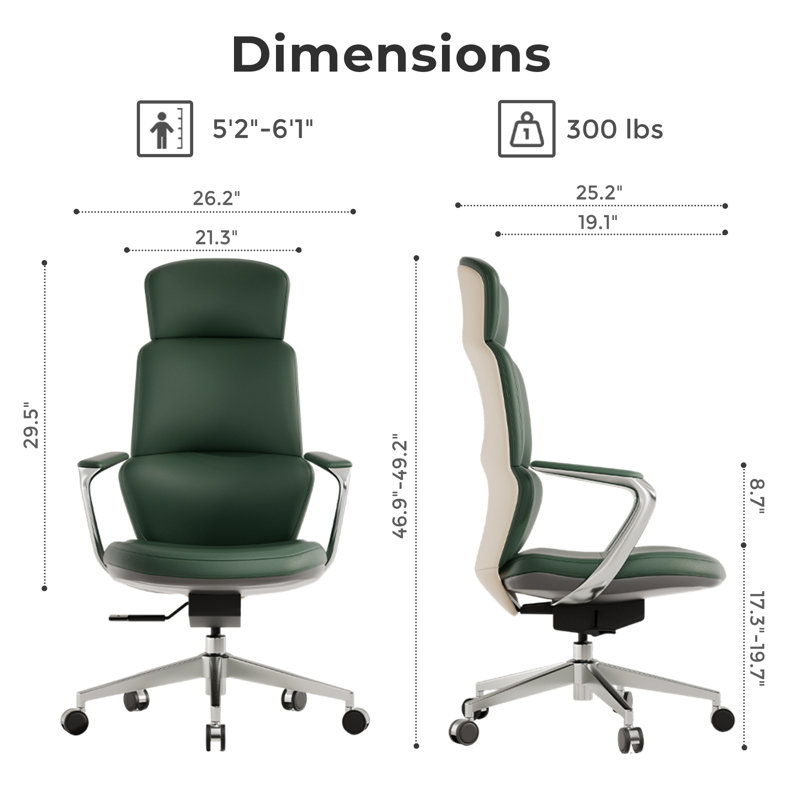 Genuine Leather Executive Chair, Swivel Ergonomic Office Chair, Desk Chair with Tilt Reclining, Alu, Green