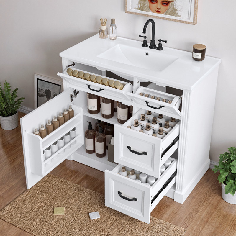 Meuble-lavabo de salle de bain avec lavabo en céramique et rangement à fermeture douce - fini blanc moderne, 4 tiroirs, tablette réglable