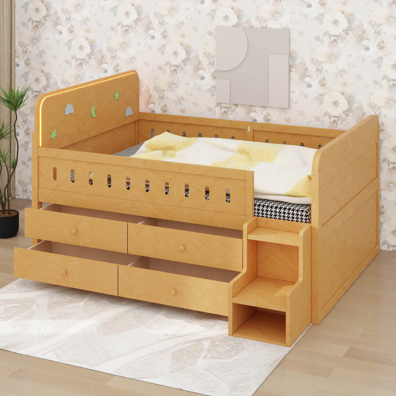 Structure de lit double en bois avec rangement pour tête de lit à DEL et tiroirs de rangement, Bois