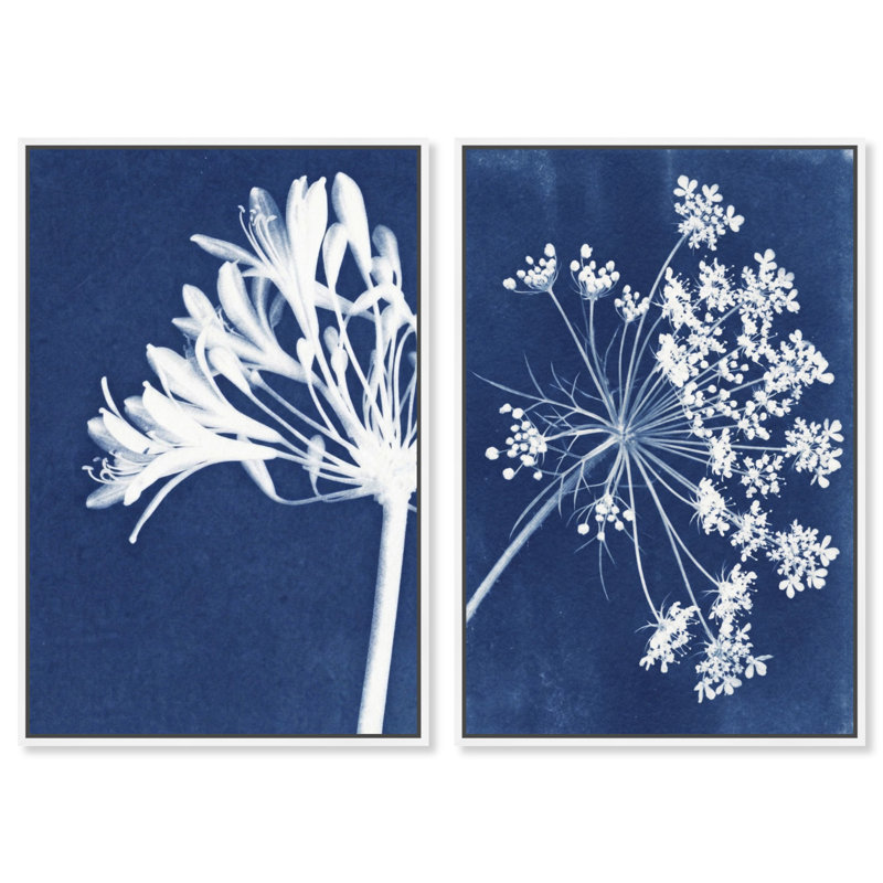 Cyan Flowers Set Set by Oliver Gal, 31"H x 46"W, White Floater Frame