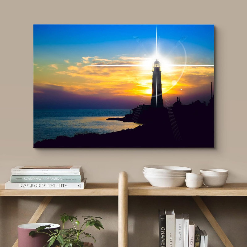 Coastal Beach, phare brillant au coucher du soleil sur la côte, vie marine - photographie sur toile tendue