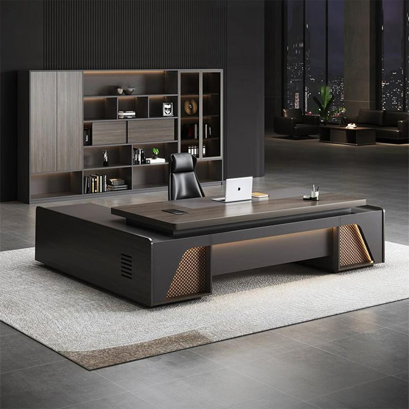 Bureau 110,24 po moderne en forme de L en bois massif brun, 29.53" H x 110.24" W x 70.87" D