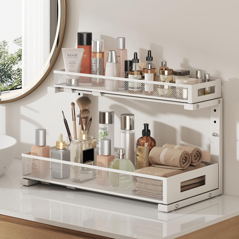 Organisateur sous le lavabo à 2 niveaux avec design en L, hauteur réglable et filet élégant pour un rangement maximisé dans les armoires de cuisine et de salle de bain