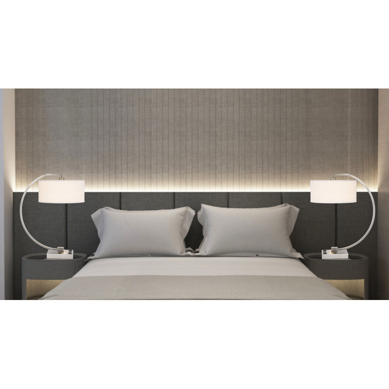 26" Nickel Metal Desk Usb Table Lamp With White Rectangular Shade