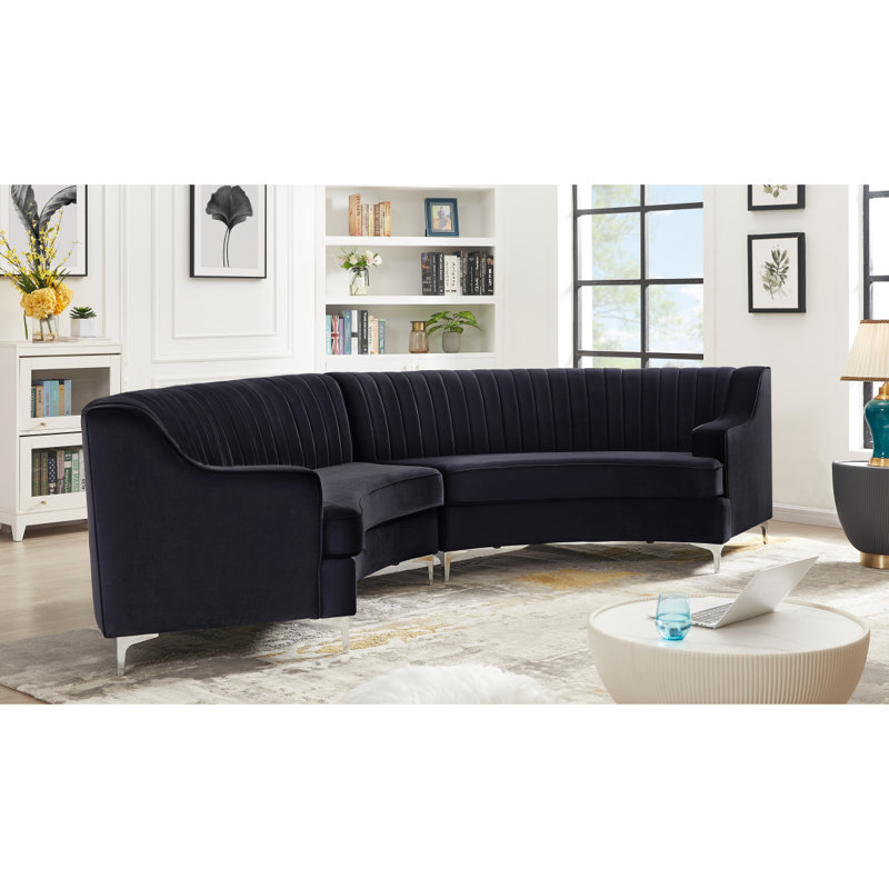Canapé courbé en velours, Noir, H 22,83 po x l 140,94 po x P 41,73 po