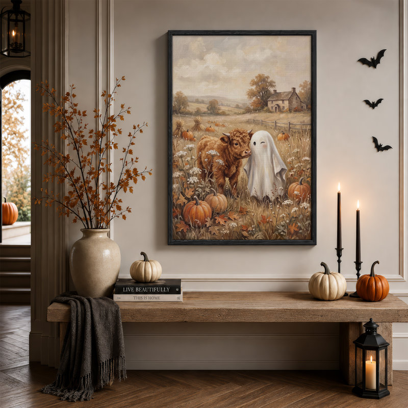 Toile d'Halloween Highland Cow and White Ghost in Pumpkin Patch, H 48 po x l 32 po