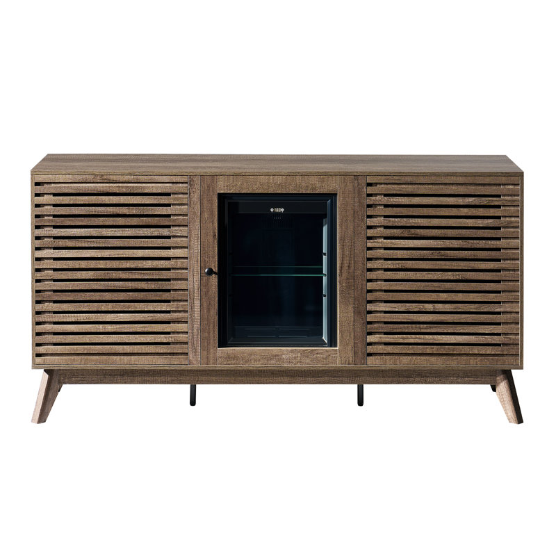 60" wood coffee bar sideboard with built-in beverage refrigerator, slatted doors, adjustable shelves, and storage for dining room, home bar, or office