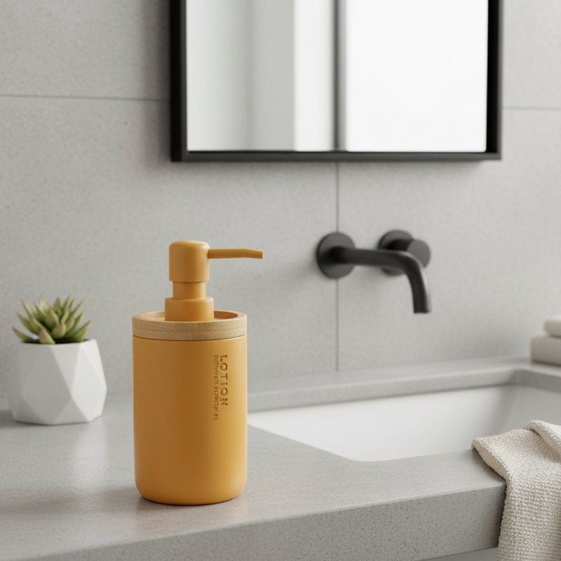 Stylish Matte Beige Soap Dispenser with Natural Bamboo Top - Polyresin Hand Lotion Pump, Mustard Yellow