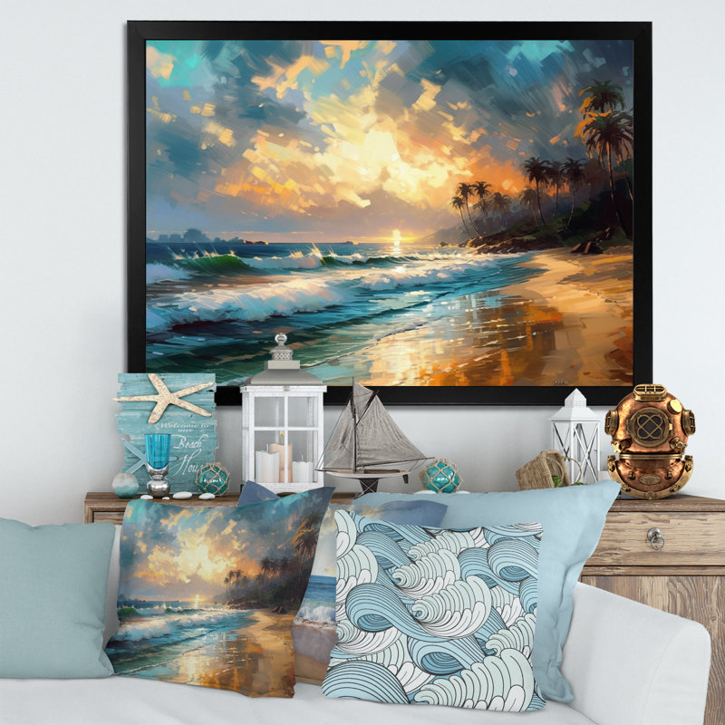 «Green and Blue Coastal Escapes» - Décoration murale plage, H 16 po x l 32 po x P 1 po, Cadre noir
