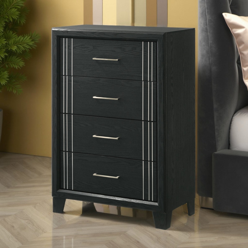 Commode haute moderne à 4 tiroirs - Armoire de rangement en bois épurée au design épuré?, Noir