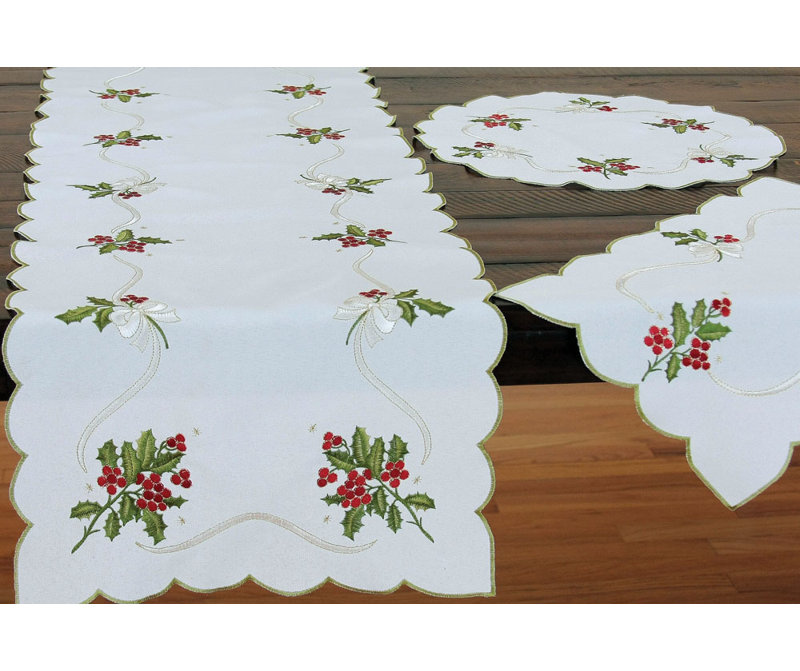 Holly Berry Embroidered Table Topper