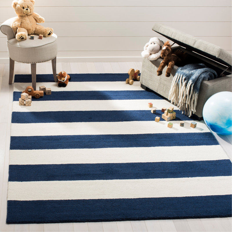 Tapis bleu marine / ivoire en laine touffeté à la main Fairchild, Rectangle 4 pi x 6 pi