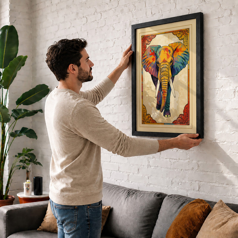 Ornamental Elephant Facing Eclectic - Framed Print, A2 - 59.4 x 42.0 cm, Oak