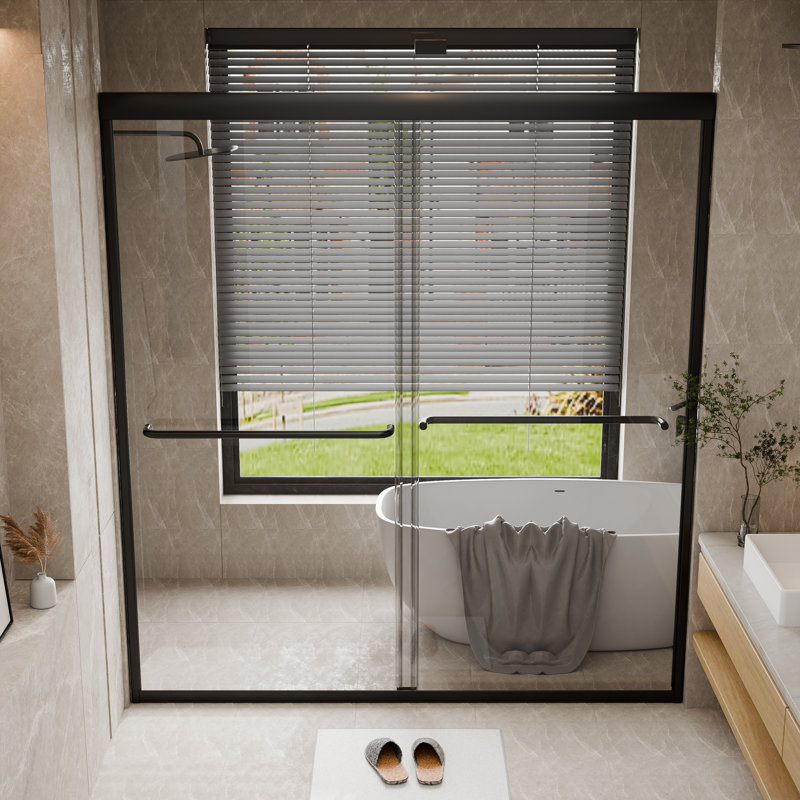 50" - 54" W x 70" H Bypass Single Sliding Semi-Frameless Shower Door with 1/4" Tempered Glass, Matte Black