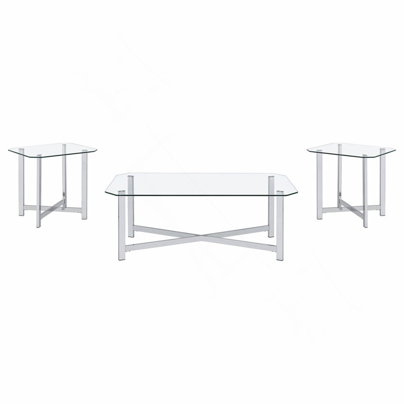 Ensemble de 3 tables basses chromées, Clear / Silver, 18.25" H x 48" W x 26" D, Silver