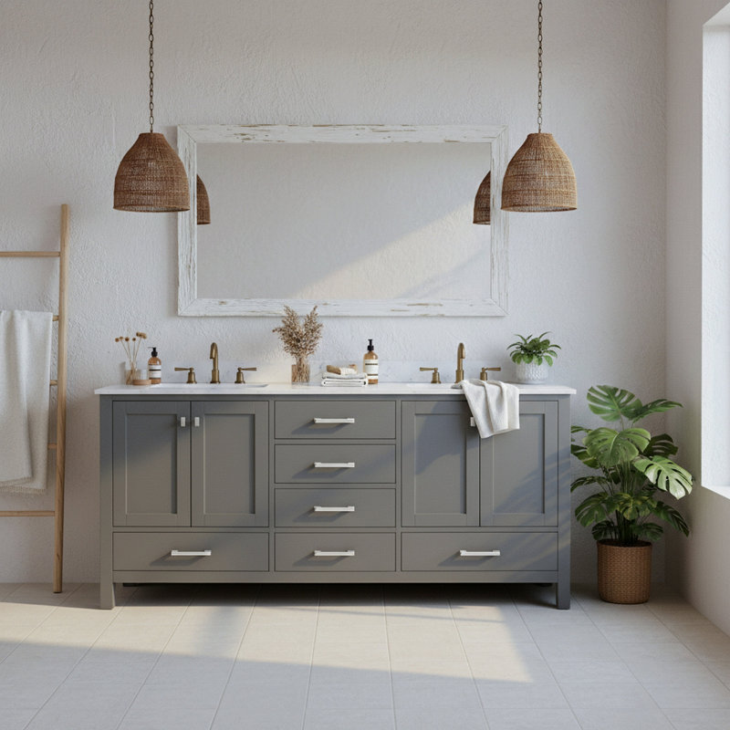 Meuble-lavabo 72 po, meuble-lavabo avec cadre en bois massif, comptoir autoportant avec 2 lavabos gris, Gris